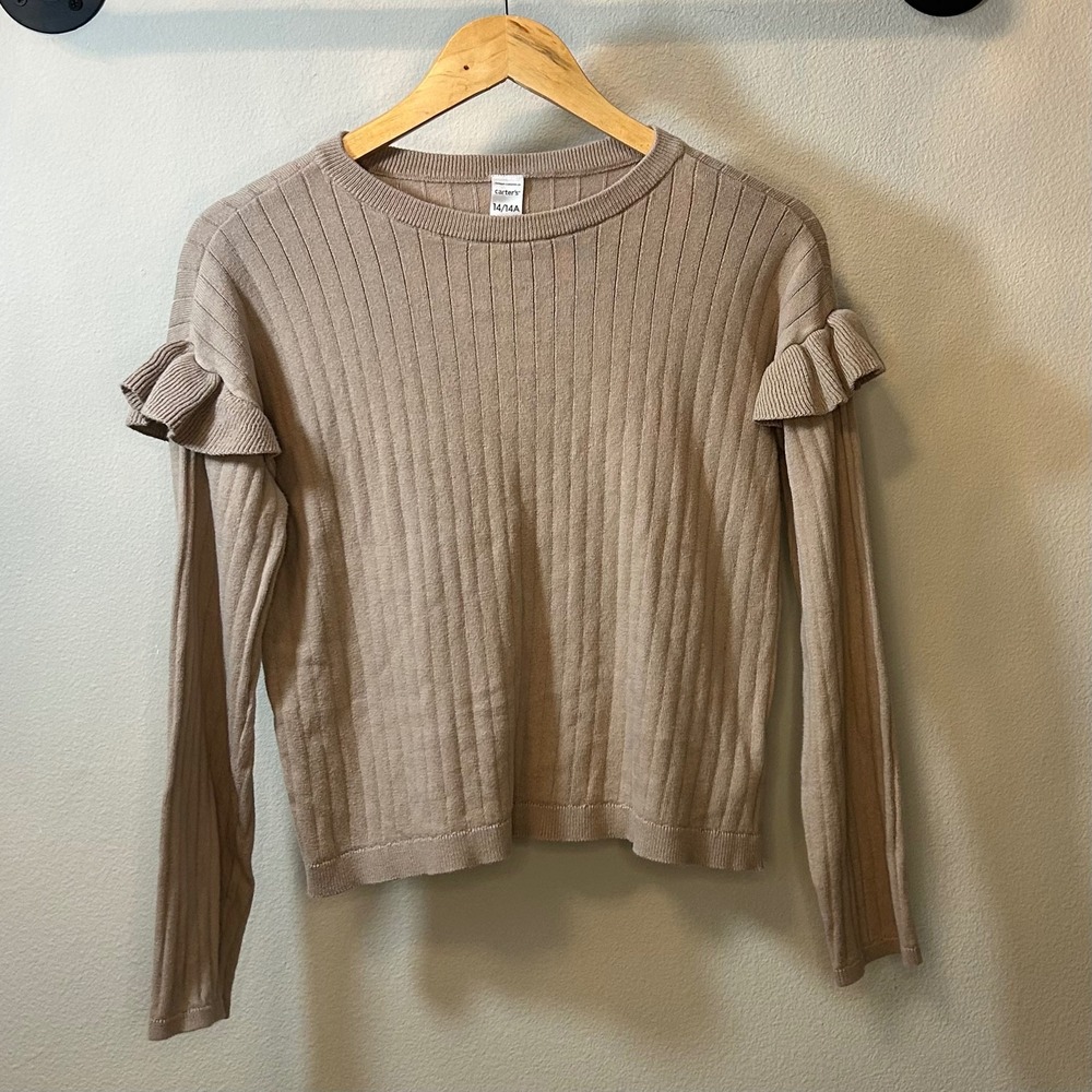 Carters Kids Tan Ribbed Ruffle Shoulder Long Sleeve Cotton Sweater 14 0548